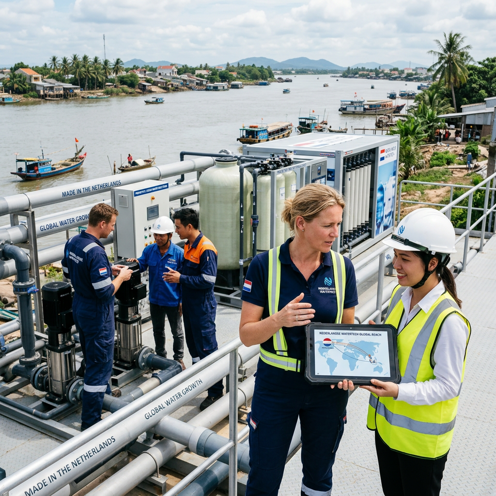 Engineers at a water treatment facility near river discussing project with tablet